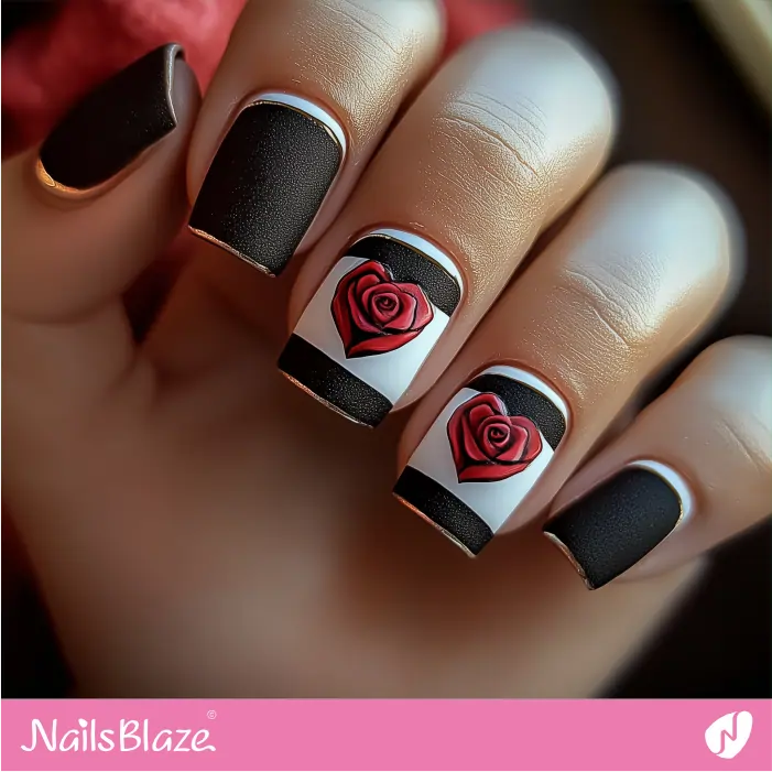 Short Nails with Heart-shaped Rose Design | Matte Valentine Nails- NB7441