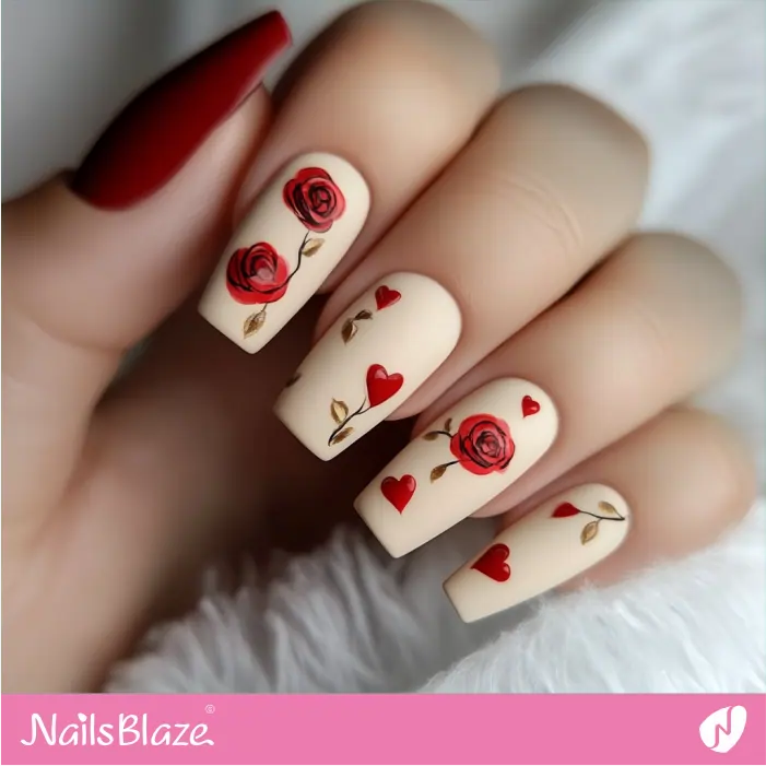 Red Hearts and Roses for Matte Nails Design | Matte Valentine Nails- NB7450