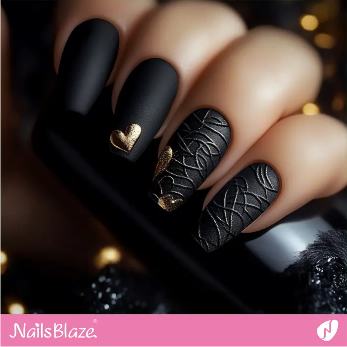 Elegant Matte Black Nails with Gold Hearts | Matte Valentine Nails- NB7452