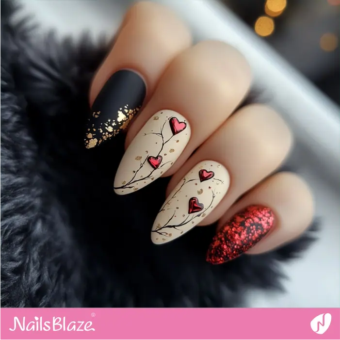 Foil Design Matte Nails with Red Hearts | Matte Valentine Nails- NB7454