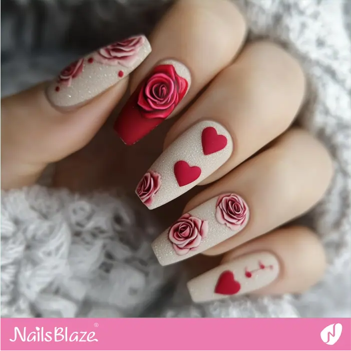 Valentine White Nails with Hearts and Roses | Matte Valentine Nails- NB7457