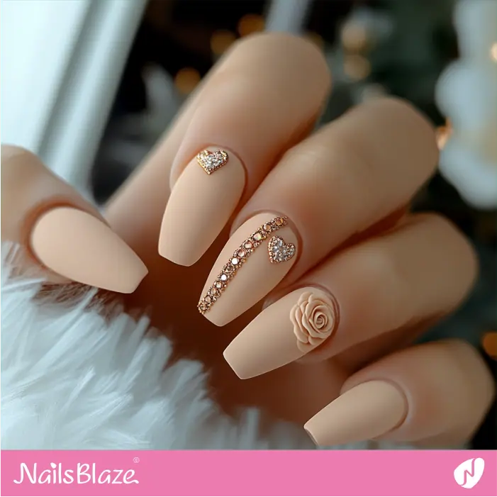 Embellished Matte Nude Nails with Hearts and a Rose | Matte Valentine Nails- NB7442