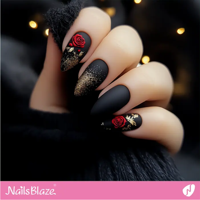 Matte Black Nails Glitter Design for Valentine | Matte Valentine Nails- NB7462