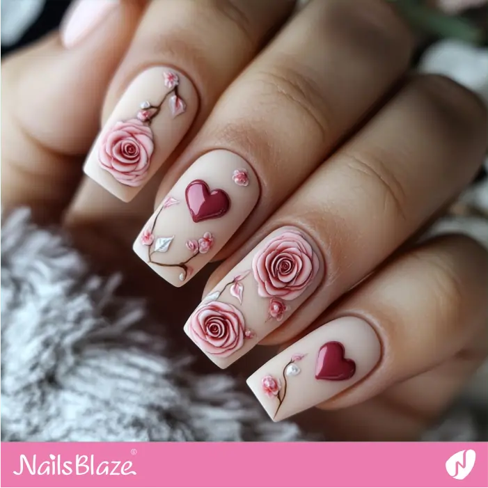 3D Hearts and Roses for Matte Nude Nails | Matte Valentine Nails- NB7463