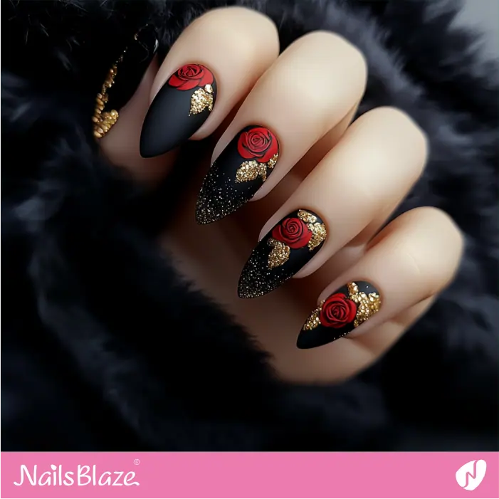 Luxury Matte Black Nails with Roses | Matte Valentine Nails- NB7467