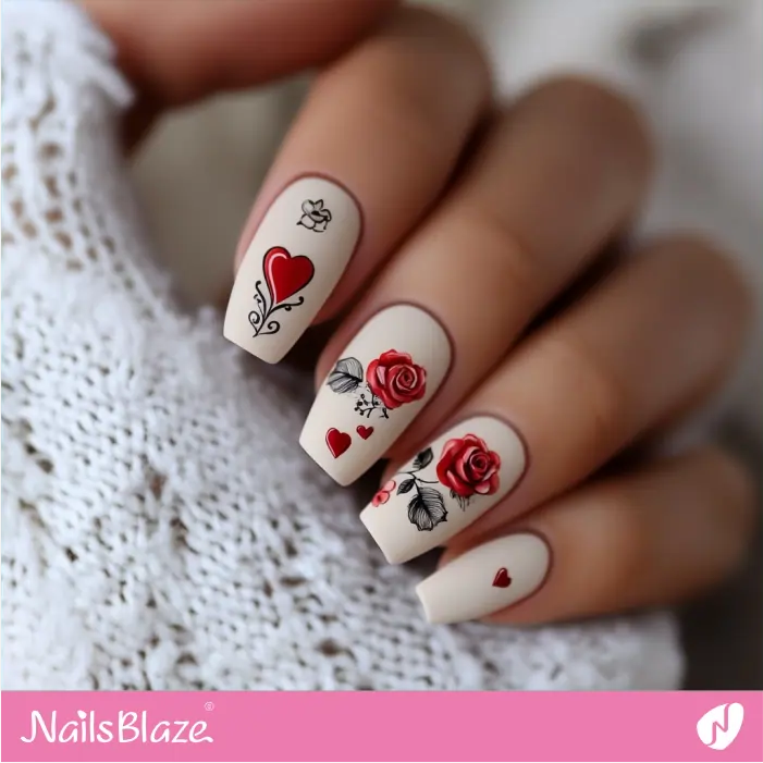 White Matte Nails with Hearts and Roses | Matte Valentine Nails- NB7444