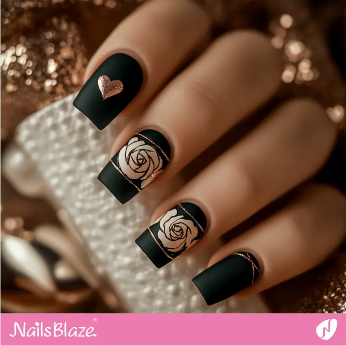 Simple Matte Black Nails Design with Roses | Matte Valentine Nails- NB7445