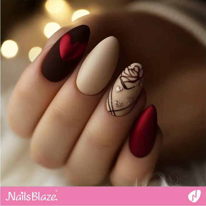 Classic Matte Nails with Hearts and a Rose | Matte Valentine Nails- NB7446