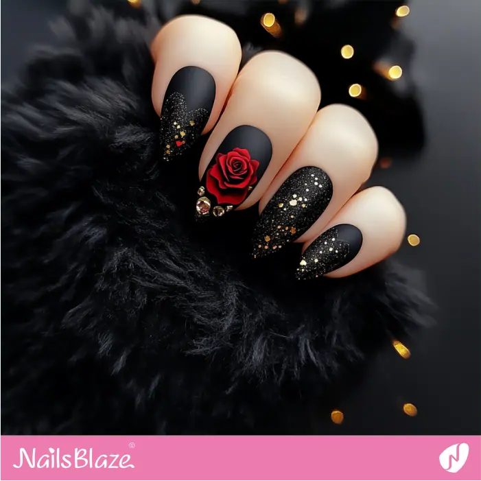 Romantic Matte Black Nails with Embellishment | Matte Valentine Nails- NB7447