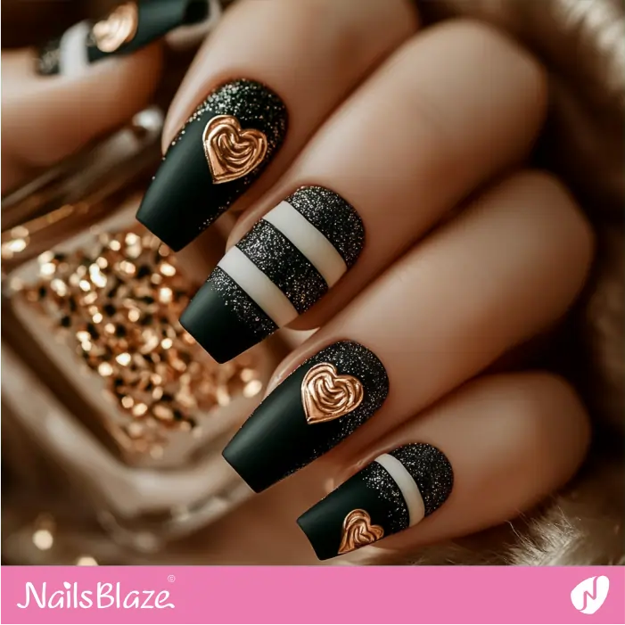 Matte Nails Black Glitter Design with Hearts | Matte Valentine Nails- NB7449