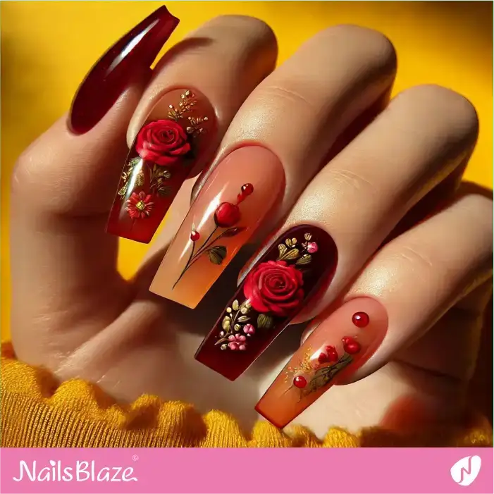 Valentine Red Ombre Nails with Roses | Valentine's Ombre Nails - NB7094