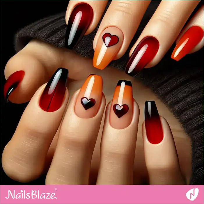 Coffin Ombre Nails with Red Hearts | Valentine