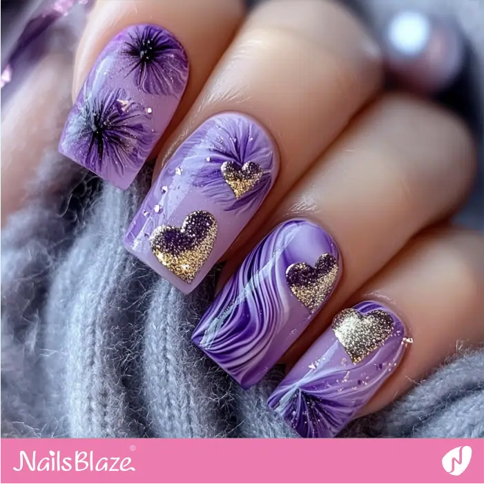 Purple Swirl Nails with Silver Hearts | Purple Valentine Nails- NB7468