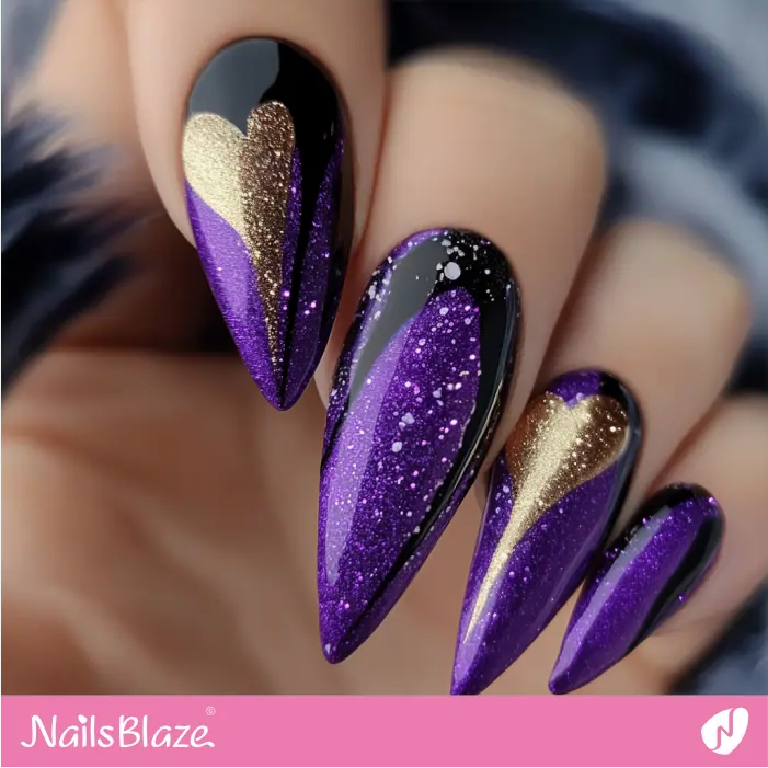 Gold Heart Design for Purple Nails | Purple Valentine Nails- NB7478