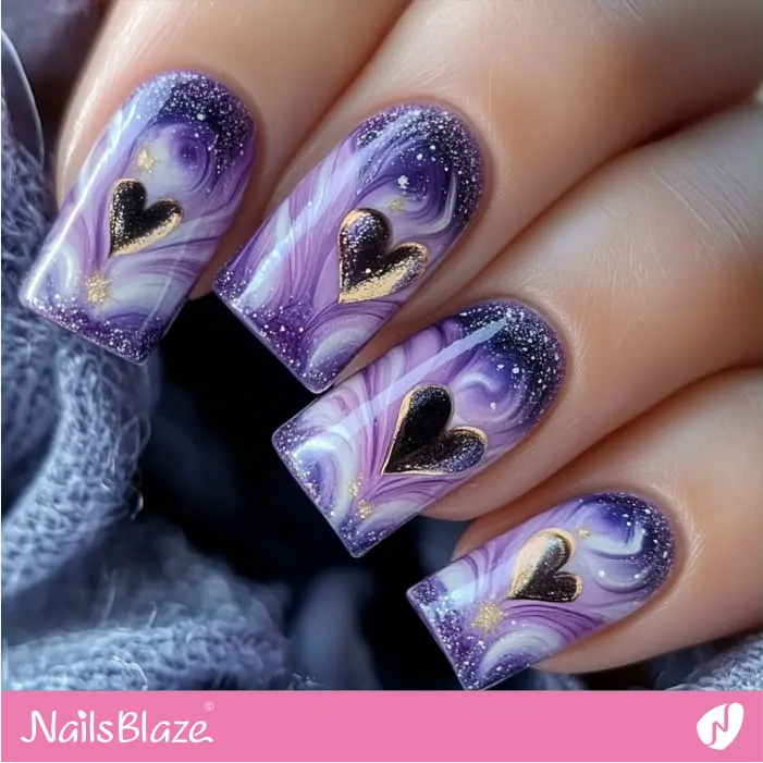 Dreamy Purple Nails with Gold Hearts | Purple Valentine Nails- NB7479