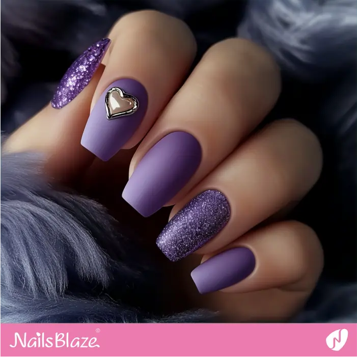 Valentine Matte Nails with Glitter Accents | Purple Valentine Nails- NB7483