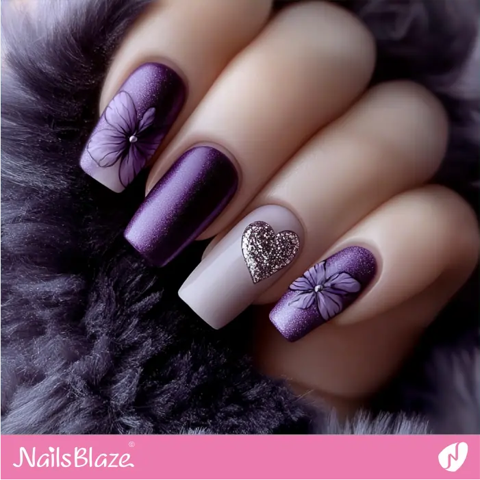 Elegant Purple Nails with a Heart for Ring Finger | Purple Valentine Nails- NB7470