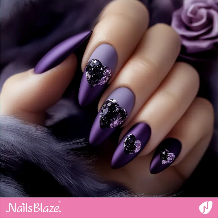 Matte Nails with 3D Purple Hearts for a Luxury Style | Purple Valentine Nails- NB7476