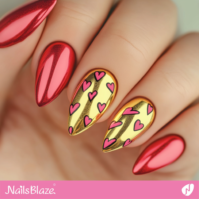 Short Gold and Red Valentine Nails Design | Red Valentine's Nails - NB7271