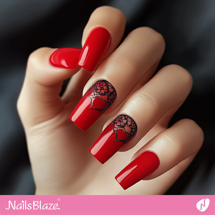 Square Red Nails with Valentine Design | Red Valentine's Nails - NB7272