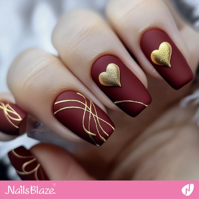 Matte Wine Red Nails with 3D Heart Design | Red Valentine's Nails - NB7273