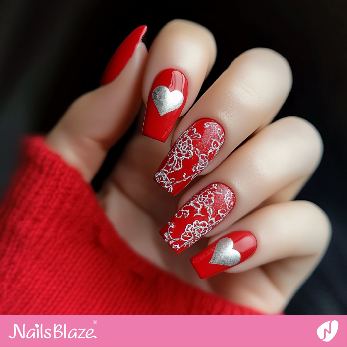 Silver Hearts Design for Classy Red Nails | Red Valentine's Nails - NB7275