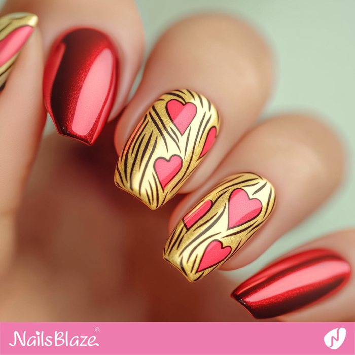 Short Red and Yellow Valentine Nails Design with Hearts | Red Valentine