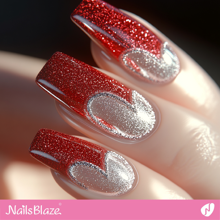 Valentine Bling Red Nails with Silver Hearts | Red Valentines Nails - NB7278