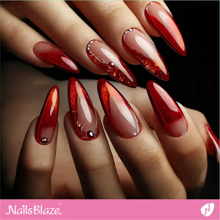 Long Almond Nails in Red for Valentine | Valentine's Ombre Nails - NB7100