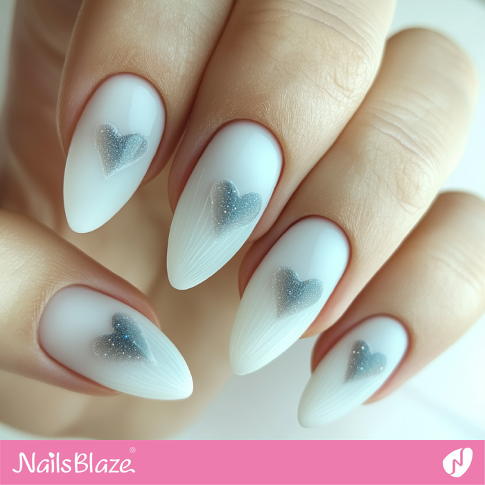 Gray Glitter Heart Design for Pearly White Nails | Simple Valentine's Nails - NB7285