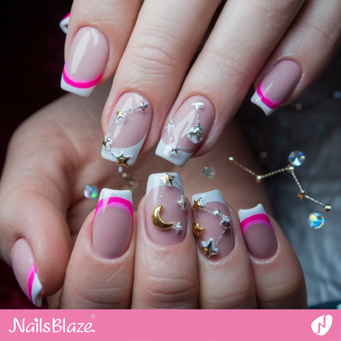 White French Manicure Celestial Design | Valentine's Starry Night Nails - NB7166