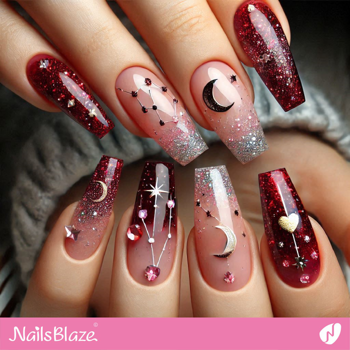 Embellished Celestial Nails Design | Valentine's Starry Night Nails - NB7167