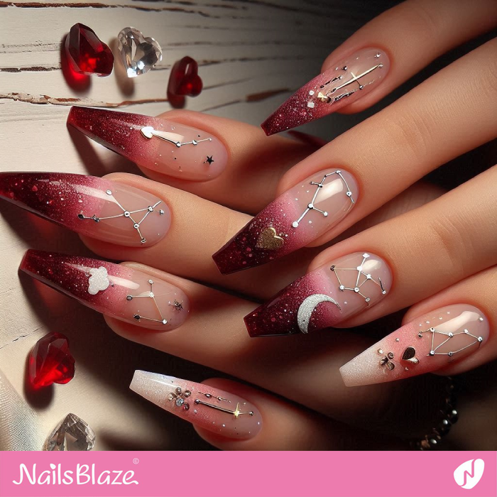 Red Ombre French Nails Starry Night Design | Valentine's Starry Night Nails - NB7169