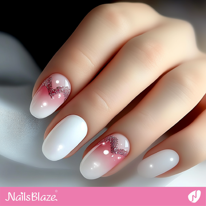 Half Glitter Heart Nails Design for Valentine | White Valentine's Nails- NB7343