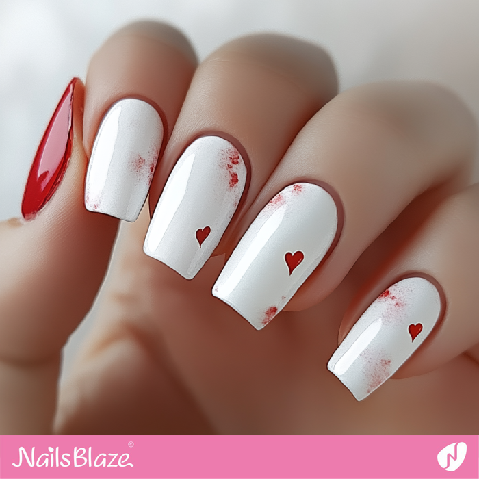 Red Splashes and Hearts for Valentine Nails Design | White Valentine