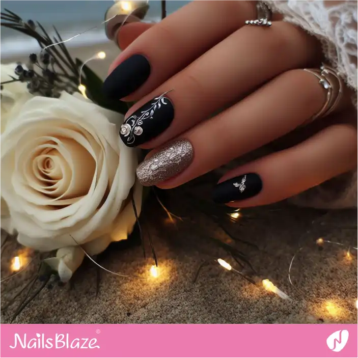 Luxury Matte Black Nail Design for Beach Wedding| Wedding-NB-D-392