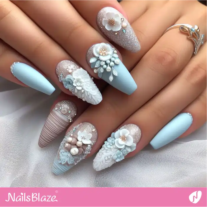 Floral Blue Nail Design for Beach Wedding| Wedding-NB-D-390