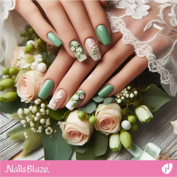 Beach Wedding Floral Green Nail Design| Wedding-NB-D-375