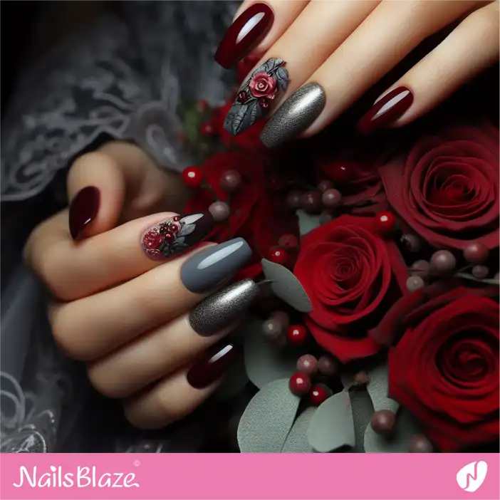 Dark Wedding Gray Shimmer and Deep Red Nail Design|Wedding-NB-D-492