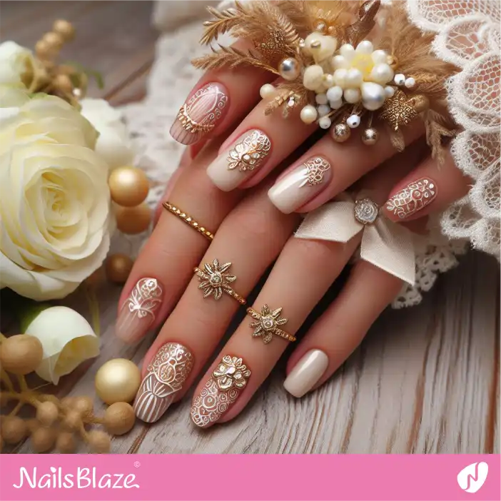 Embellished Rhinestone Nail Design for Boho Wedding |Wedding-NB-D-473