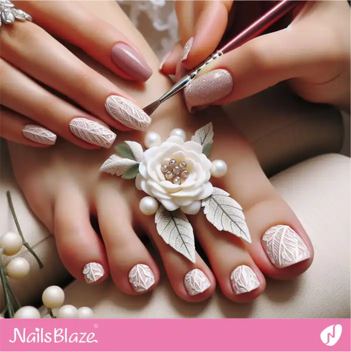 Bridal Shower Leaf Textured Pedicure Nail Design| Wedding-NB-D-611