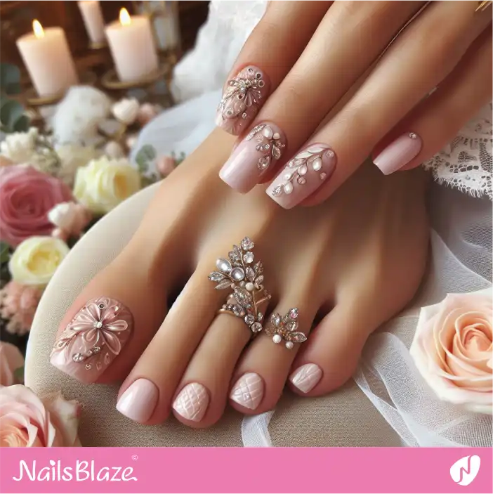 Bridal Shower Embellished Milky Pink Toenail Design | Wedding-NB-D-614