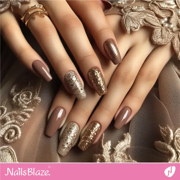 Bridesmaid Brown Nails with Gold Glitter Design| Wedding-NB-D-537