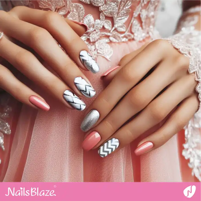 Pink and Silver Chevron Nail Design for Bridesmaid| Wedding-NB-D-539