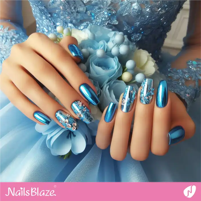 Blue Metalic Chrome Nail Design for Bridesmaid| Wedding-NB-D-540