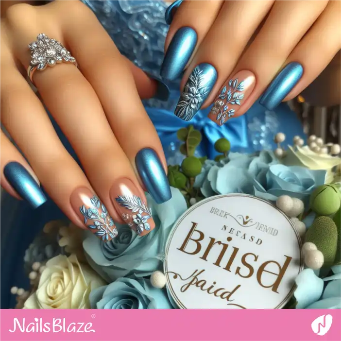 Blue Chrome leaf  Nail Design for Bridesmaid| Wedding-NB-D-543