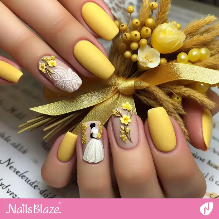 Bridesmaid Yellow Matte Nails with Lace and Flower Design| Wedding-NB-D-545