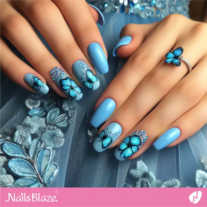 Blue Nail Design with Butterfly for Bridesmaid | Wedding-NB-D-547