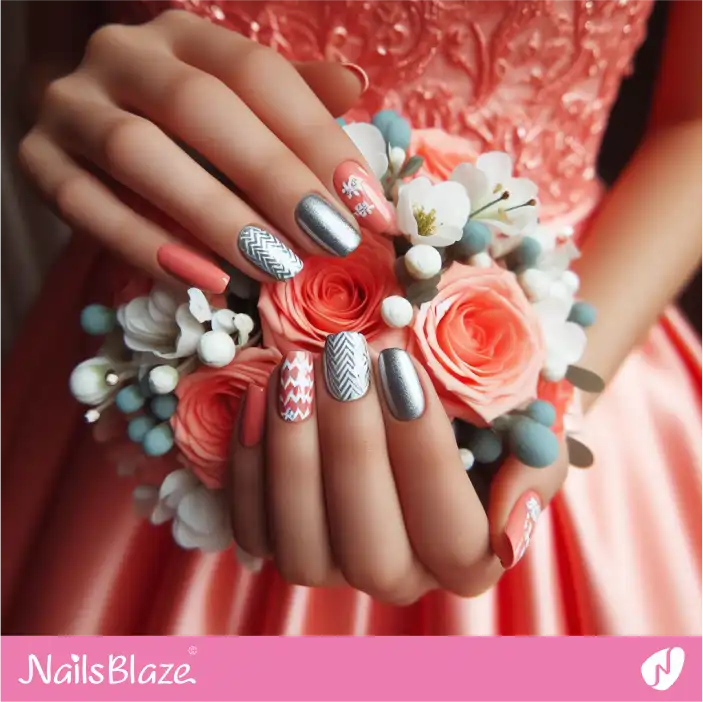 Coral and Gray Chevron Nail Design for Bridesmaid | Wedding-NB-D-549