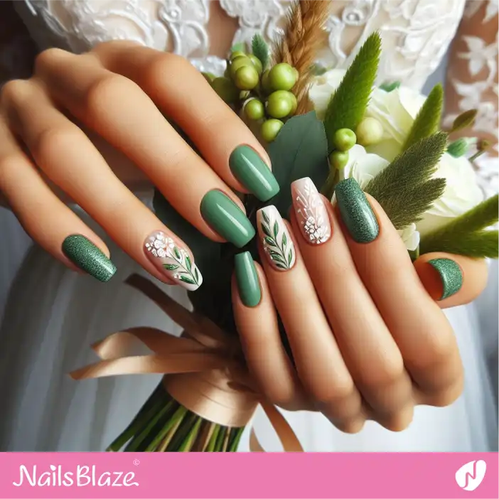 Bridesmaid Green Shimmer with Blossom Nail Design| Wedding-NB-D-550